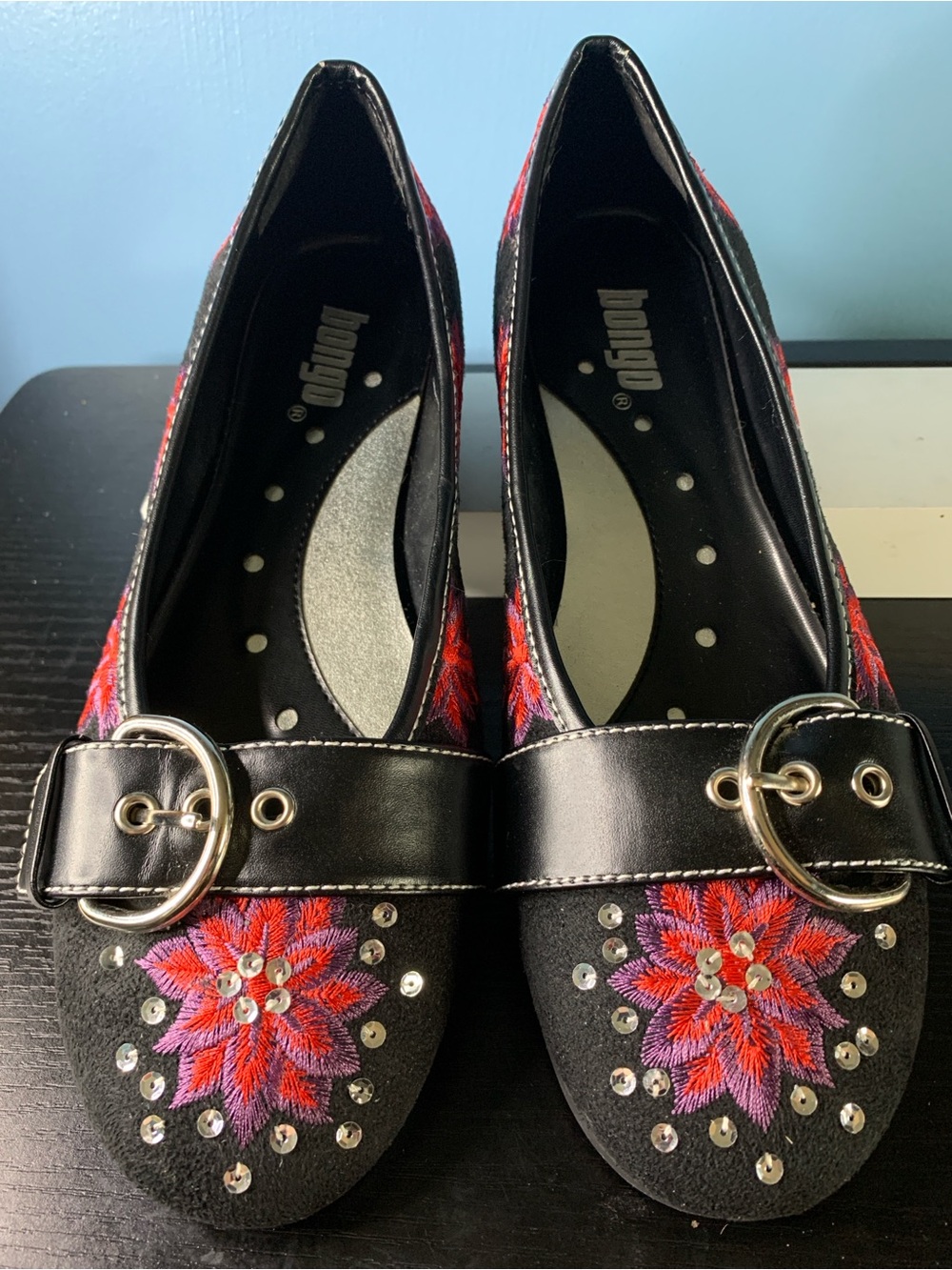 BONGO Black Flats with Red and Pink Embroidered Floral Accents